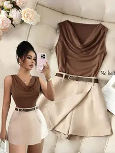 Summer New Elegant Set Women, Sleeveless Backless Top + High Waist A-Line Wide Leg Shorts, Office Casual Slimming