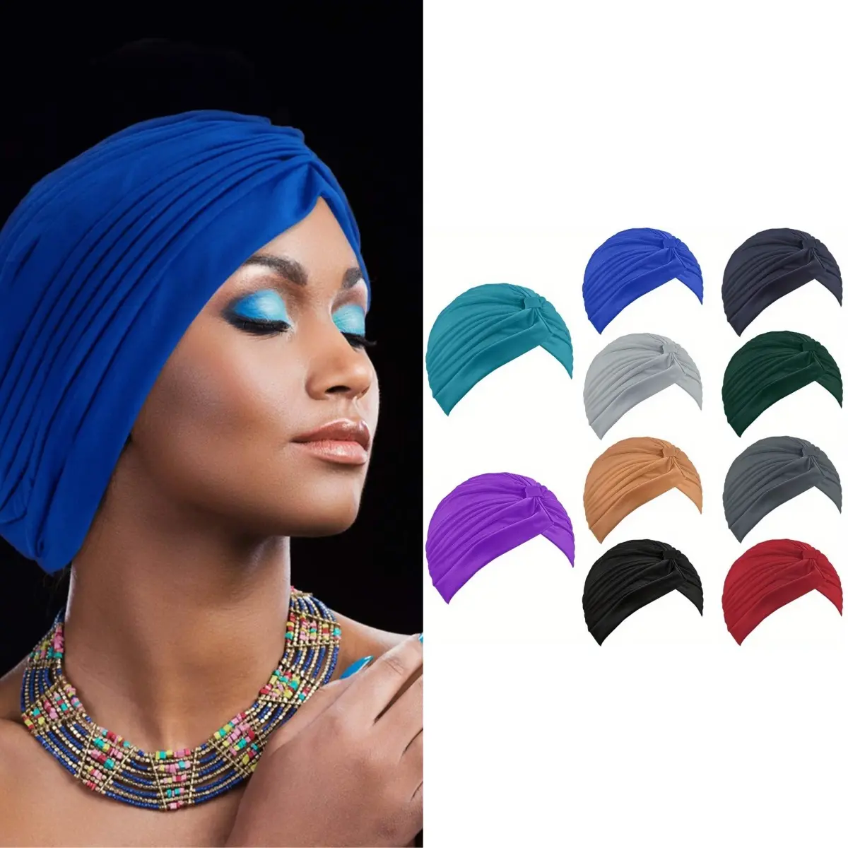 Women's 10-Piece Polyester Stretchy Beanie Turbans - Elegant Pre-Tied Knot Chemo Head Wraps, All-Seasons Cosplay Accessories, Camping Sleep Hats, Multicolor