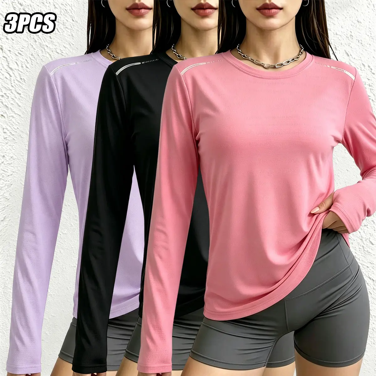 Set of 3 women’s casual athletic long-sleeve T-shirts for running and workouts, solid-color crewneck long-sleeve T-shirts, soft and comfortable tops suitable for sports and everyday wear