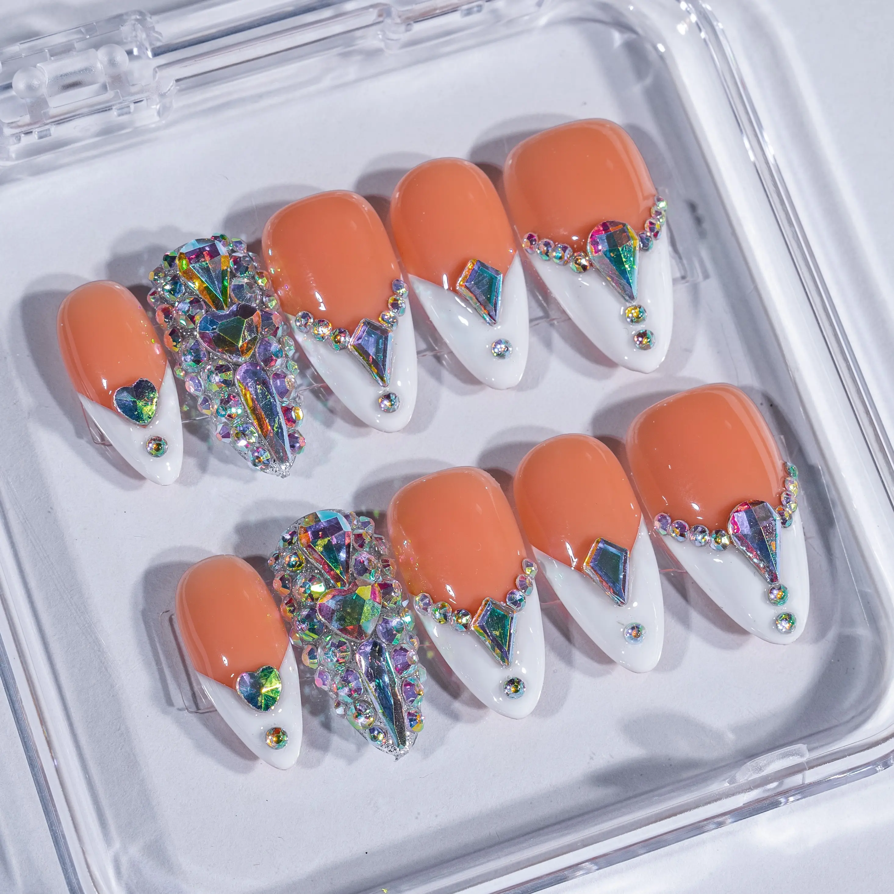 Liketete acrylic Press On Nails Almond Salon-Quality Iridescent Glitter & Elegant Rhinestone Decorated Set for Easy Home Use 20g