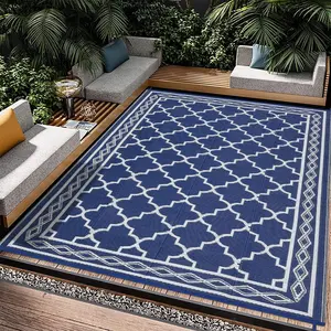 Outdoor Plastic Straw Rug Large Floor Mat Vintage Trellis Waterproof Rug for Patio Reversible Outdoor Rugs for RV Beach Patio Camping Backyard Deck Picnic Dark Blue