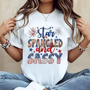 Cute Star Spangled And Sassy Graphic Tee For Women USA Flag Leopard Pattern 4th of July Independence Day Casual Summer Outfit