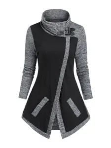 Women's Fall Winter Casual Comfortable Knit Pullover Sweater Fake Pocket Colorblock High Neck Long Sleeve Top, Fitted Style Knitwear, Knitwear Tops