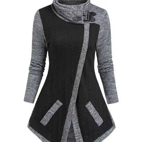 Women's Fall Winter Casual Comfortable Knit Pullover Sweater Fake Pocket Colorblock High Neck Long Sleeve Top, Fitted Style, Knitwear Tops, Casual Fall Sweaters