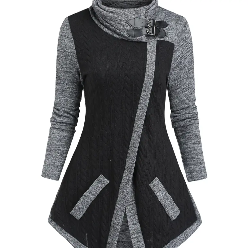 Women's Fall Winter Casual Comfortable Knit Pullover Sweater Fake Pocket Colorblock High Neck Long Sleeve Top, Fitted Style, Knitwear Tops, Casual Fall Sweaters