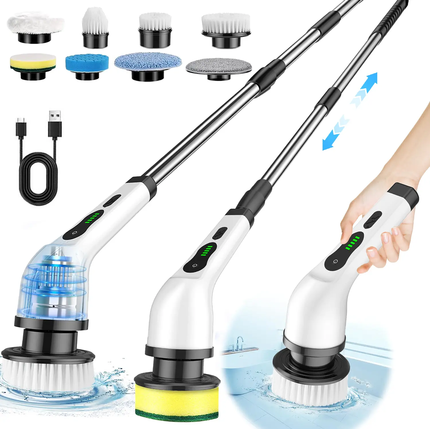 QUEP Wireless Multifunction Cordless Electric Spin Scrubber, Powerful Cleaner with 9 Interchangeable Brushes, 2-Speed Settings, Adjustable Extension Handle, 90 Mins Runtime, USB Rechargeable Handheld Floor Scrubbing Tool for Bathroom, Bathtub, Tile, Power