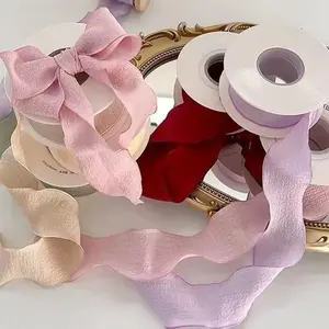 (1 Roll) 4cm Bubble Pleated Silk Ribbon Flower Bouquet Packaging Ribbon Soft Ribbon Wrap Christmas Gift Box DIY Materials Bow Tie Fabric Accessories