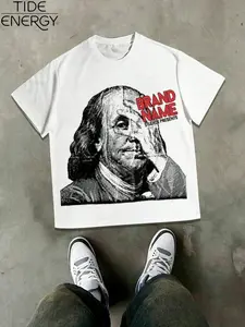 Men's Oversized Benjamin Franklin Vintage Portrait Graphic Print T-Shirt, Menswear Streetwear Historical Art Style, Casual Summer Top for Men