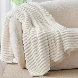 Fleece Throw Blanket for Couch - 300GSM Soft & Warm Fluffy Cream White Decorative Giftable Striped Blankets for Women Men 50"x60"