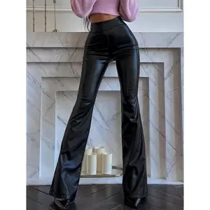 Fashion Black High-Waisted Flared Leather Pants for Women, Machine Washable Design