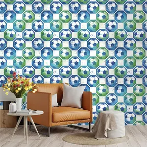 1pc fresh watercolor style soccer element printed PVC wallpaper, with adhesive on the back for peel-and-stick application, suitable for covering dirty or messy walls, renovating old walls, and home decoration, a must-have for soccer fans