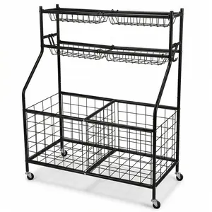 Rolling Sports Ball Storage Cart, Rustproof Steel Frame Lockable Wheel, Garage Organizer for Basketball Soccer Racket Bat Accessories