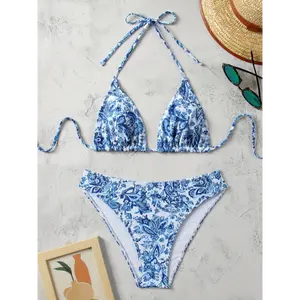 beach outfits High Stretch Polyamide and Elastane Elegant Porcelain Print Halter Neck Bikini Set - Sleeveless Lace-Up Top with Thong Bottoms, Random Floral Pattern - Swimwear Collection