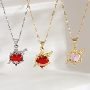 European and American dark style ins heart rose necklace for women, sacred heart cross pendant, gold-plated copper with diamonds, fashionable necklace aA10108-XL