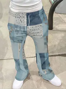 Men's Loose Fit 3D Print Bell Bottom Pants, Casual Streetwear Trousers, Casual Sporty Streetwear, Vintage Holiday, Geometric Pattern, All Seasons