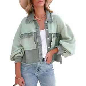 Women's Denim Spliced Waffle Knit Cropped Jacket Button Down Boyfriend Shirt Shacket Tops