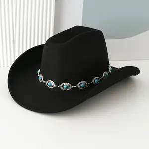 1pc Elegant Cowboy/Cowgirl Hat with Turquoise Belt, Polyester Woven Fedora, Bohemian Vintage Style, Lightweight, Non-Washable, Inelastic, Featherless, with No Washing for Western Themed Events, Parties, Engagement, Cosplay, Graduation, Masquerade, Festiva