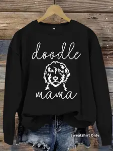 Women's Casual Loose Doodle Mama Dog Print Pullover Sweater, Soft Long Sleeve Round Neck Sweatshirt, Comfortable Daily Wear