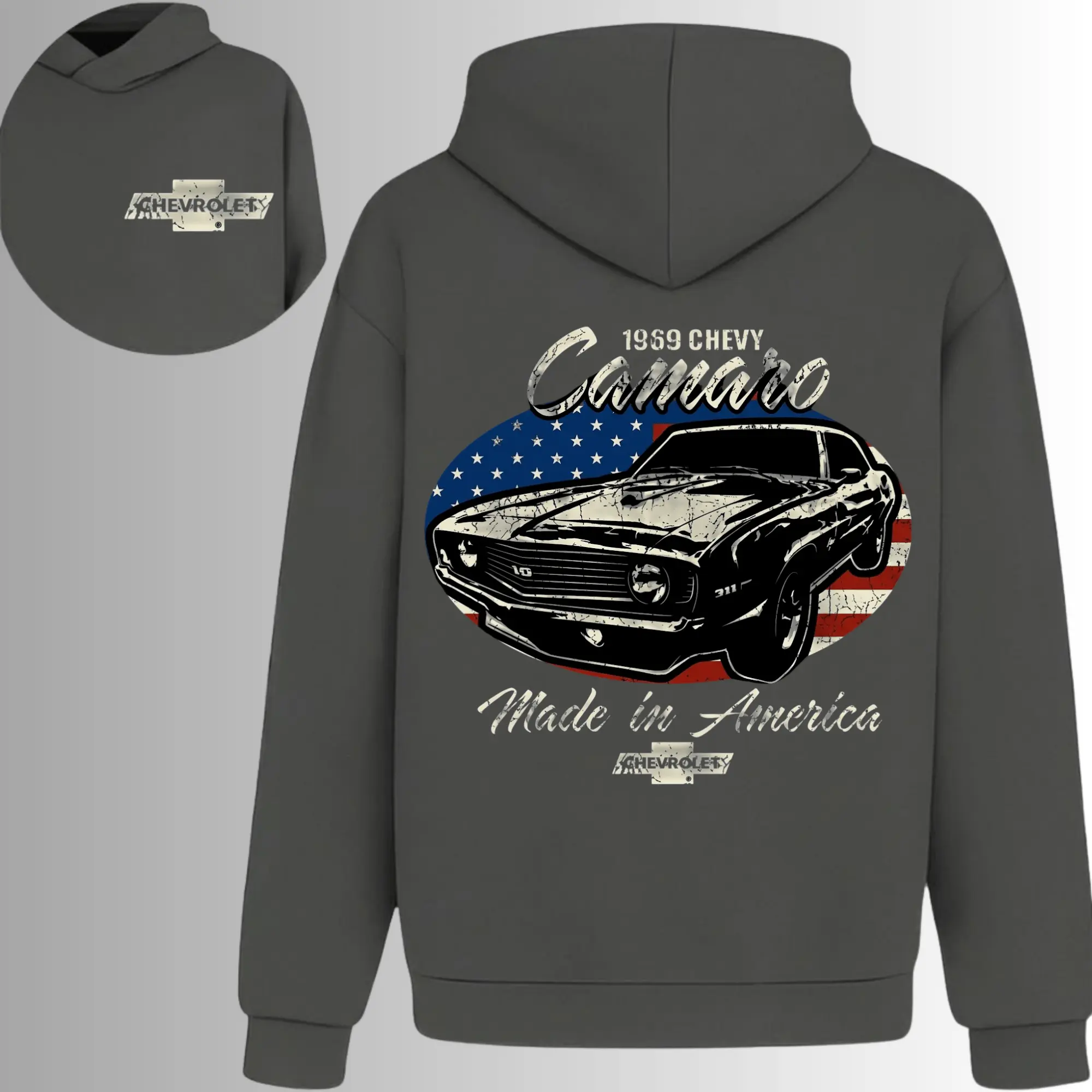 1969 Chevy Camaro Made in America Hoodie, 2 Sides, Classic Chevrolet Muscle Car Graphic