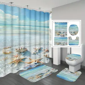 1/3/4pc Oceanic Beach Shell Bath Curtain, Waterproof Anti-Mold Bathroom Divider, Modern Wall Mounted Shower Rod, Bathroom Supplies