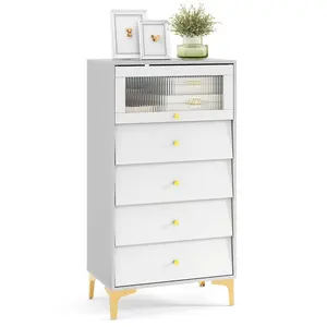 COSTWAY - 4 Drawer Modern Storage Cabinet with Flip Up Fluted Glass Door-Gray and White