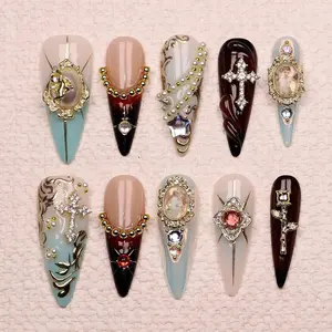 Cross with Angel Design Press On Nails Custom Handpainted Chrome Aurora Virgin Mary Long Stiletto Nails Christmas Birthday Vacation Holiday