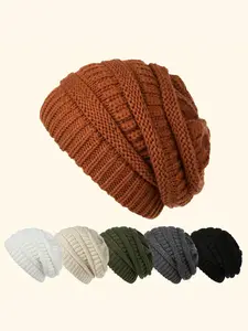 Warm Knitted Hat, Soft Elastic No Brim Design, Large Brim Skull Pattern, Adult Skiing Cold Cap, Unisex Winter Accessory, Fitted Style