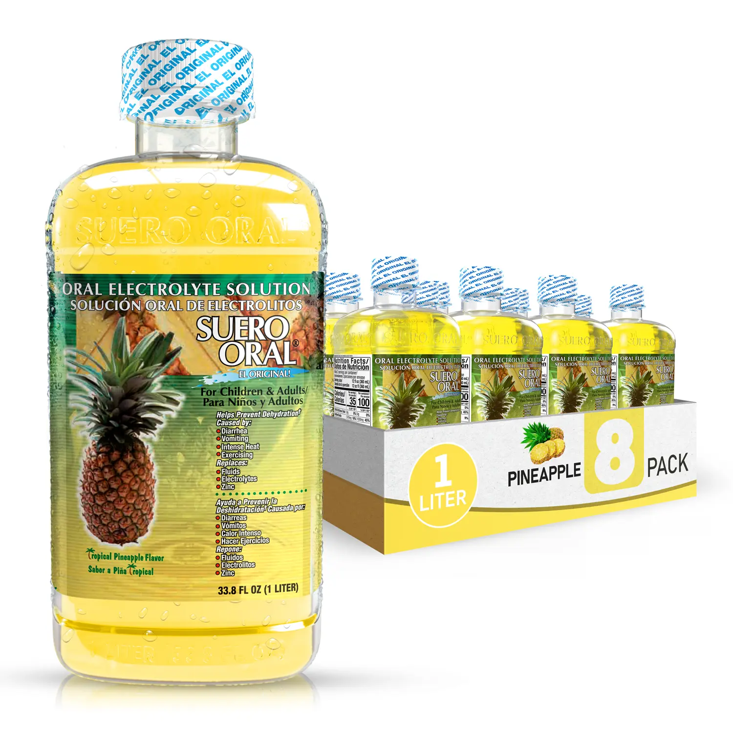Suero Oral -Electrolyte Solution - Pineapple - 8 Pack - Electrolytes Drink, Hydration Booster & Rehydration Drink for Kids & Adults, Hydrates, Replenishes, Energizes, Tropical Pineapple Flavor, 1 Liter