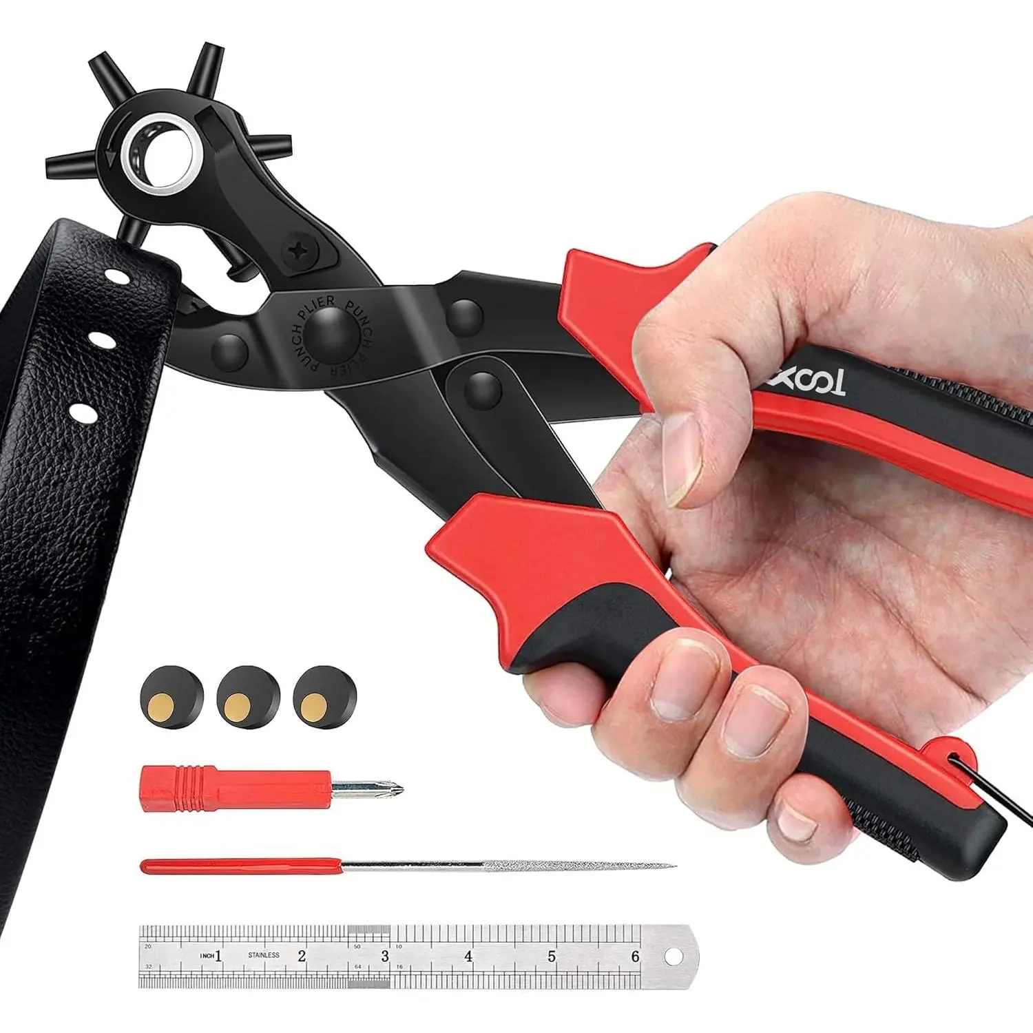 Revolving Punch Plier Kit for Belts, Watch Bands, Straps, Dog Collars, Saddles, Shoes, Fabric, Multi Hole Sizes, Heavy Duty Rotary Puncher