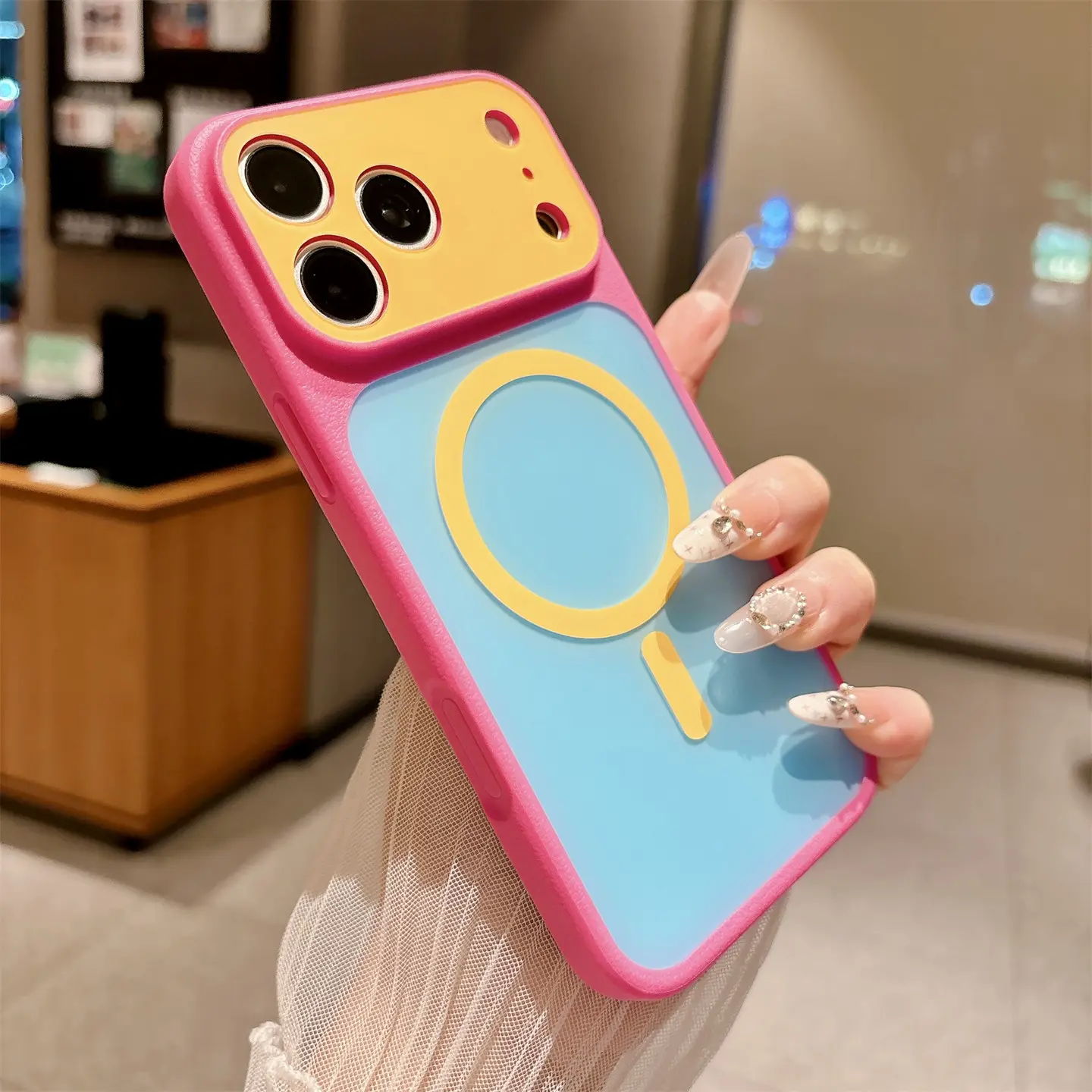 Trendy Aesthetic Colorblock  Magnetic Case for iPhone 17 16 15 14 13 Pro Max Cute Summer Candy Silicone Shockproof MagSafe Lens Protection Cover 985