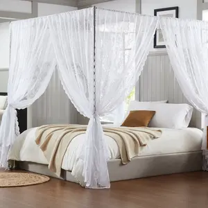 WARM HOME DESIGNS Lace Canopy Bed Curtains Set of 8 Canopies with Tie-Backs in Black, White, Gold and Pink