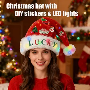 Santa Hat with LED Lights and DIY Stickers, Extra Thick Velvet Christmas Hat for Adults Unisex for New Year Holiday Party & Christmas Decorations