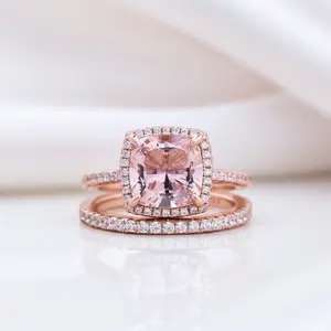 Rose Gold Halo Cushion Cut Peachy Pink Stone Wedding Ring Set