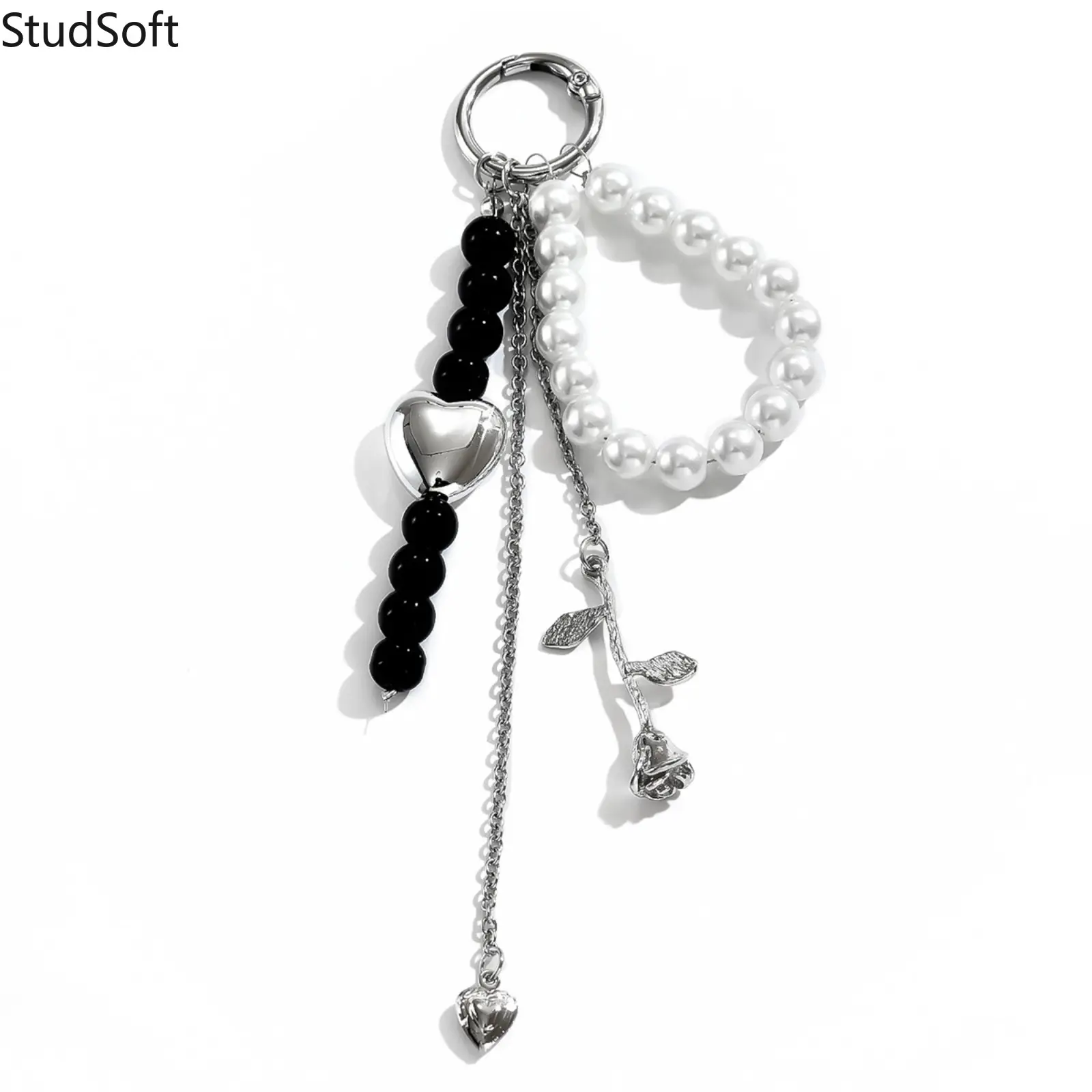 2026 New Pearl Heart Rose Keychain, Y2K Black & White Beaded Bag Charm, Vintage Romantic Accessory for Women & Girls