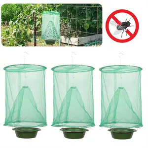 Dazone 3-Pack Ranch Fly Traps Outdoor Reusable Hanging Fly Traps Nets with Food Bait Tray Green Catcher Cage for Indoor Outdoor Farms Park Stable Garden Restaurants Family Use