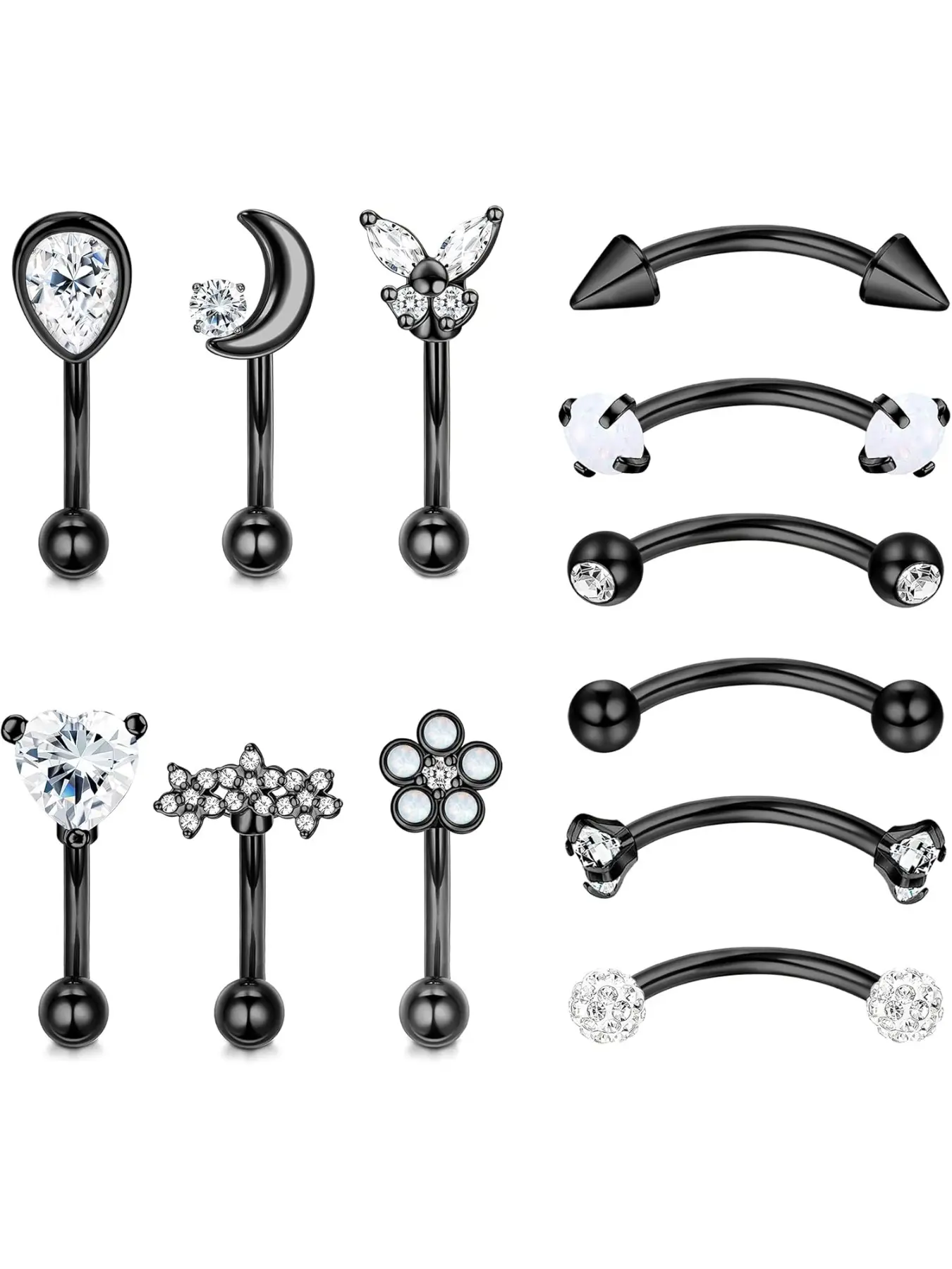 12Pcs 16G Hypoallergenic Stainless Steel Curved Barbell Piercing Jewelry Eyebrow Rings For Women Men Rook Daith Cartilage Earrings Labret Lip Monroe Rings CZ Petite Belly Button Ring 8mm High Quality Jewelry
