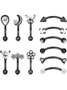 12Pcs 16G Hypoallergenic Stainless Steel Curved Barbell Eyebrow Rings For Women Men Rook Daith Cartilage Earrings Labret Lip Monroe Rings CZ Petite Belly Button Ring 8mm