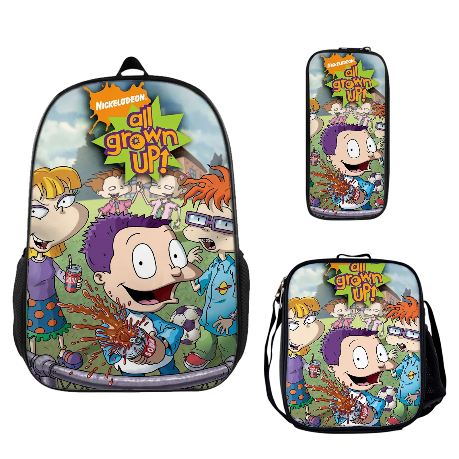 Rugrats Large Capacity 3-Piece Backpack Set - Water Resistant, Vibrant Back to School Haul with Insulated Lunch Box, Pencil Pouch, 1-Size Lightweight Travel Daypack, Holiday/Birthday Gift for Teen Fans c-213, One Size