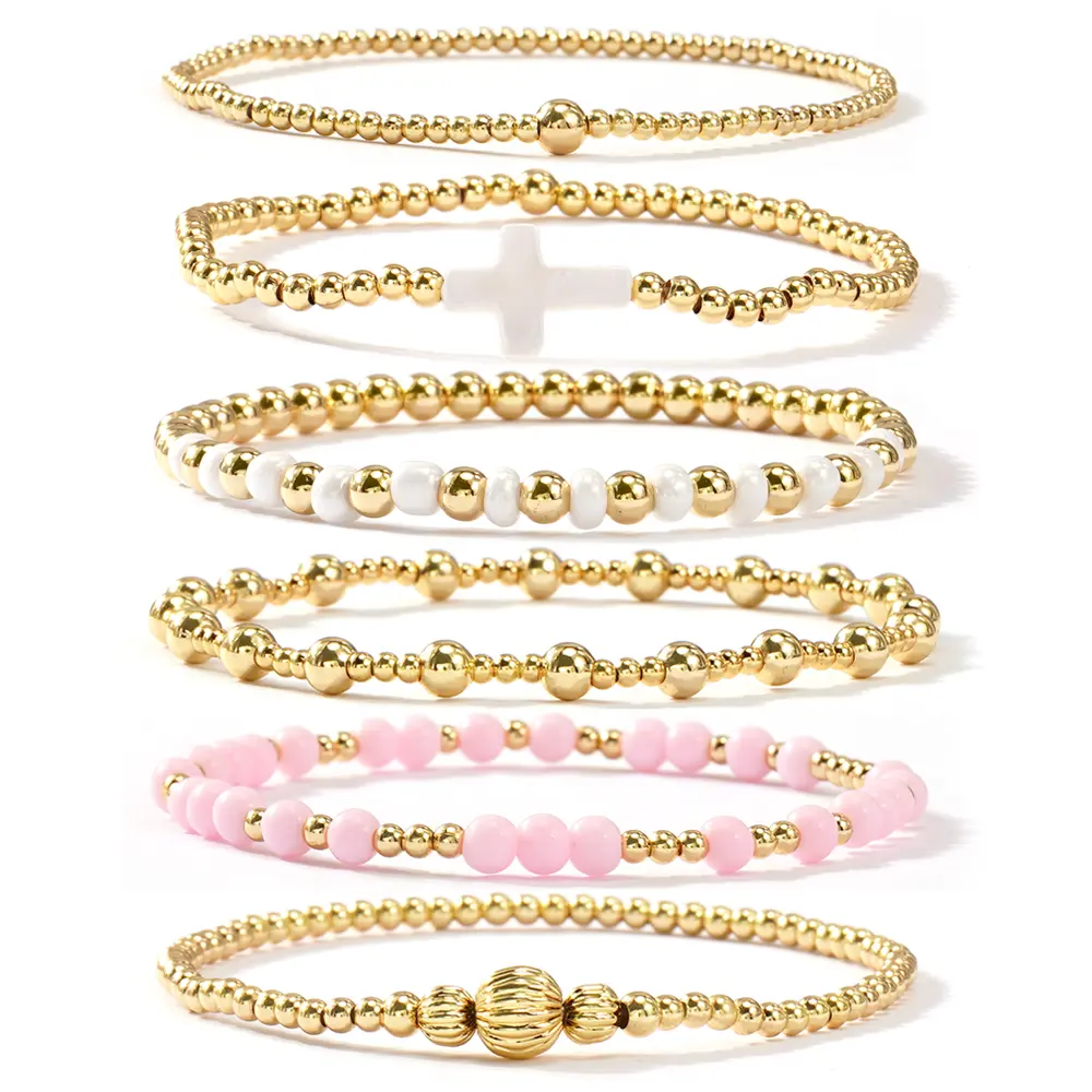 SHINUS Women's Boho 14 Karat Gold-Plated Brass Small Seed Ball Beads Stretch Bracelet Stack - 7in, Stackable, Trendy, Waterproof, Pink Link Set, Anniversary Gifts, Teen Girl Gifts, Casual Costume Jewelry, Bracelet Making Supplies