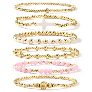 SHINUS BOHO 14K Gold Plated Beaded Stack Bracelets Sets for Women，Stackable Trendy Waterproof Small Seed Ball Beads Pink Stretch Link Bracelet Stocking Stuffer Accessories Jewelry Gifts