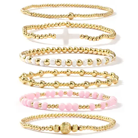 SHINUS Women's Boho 14 Karat Gold-Plated Brass Small Seed Ball Beads Stretch Bracelet Wrist Stack - 7in, Stackable, Trendy, Waterproof, Pink Link, Gold Aesthetic, Unique Costume Jewelry, Accessories for Women, Valentine's Day Gift, Jewelry For Women, Funk