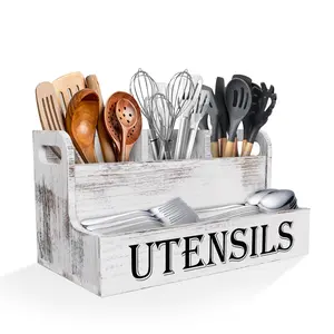 Large Kitchen Utensil Rack with 4 Compartments, Wooden Storage Organizer, Ideal for Countertop, Farmhouse Kitchen Decor, Country Cooking Tools