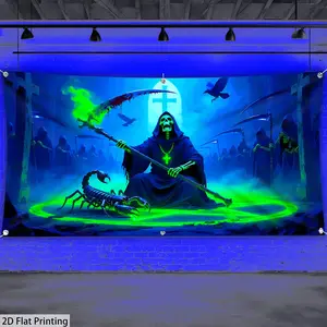 1pc QD_VIVIOS Halloween Scorpion Skull Glow-in-the-Dark UV Reactive Tapestry - Ultra Large Gothic Wall & Garage Door Decor with Fluorescent Green Scorpion & Skull Design, Polyester Fabric for Indoor/Outdoor Use, Easy-to-Hang Spooky Party Decoration (No Ba