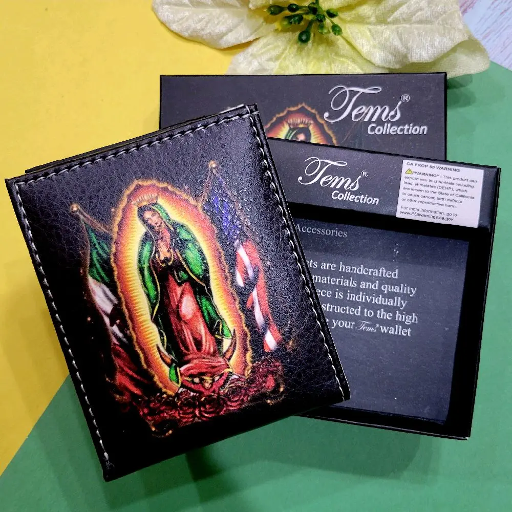 Virgen de Guadalupe Western wallet printed pattern two sides short bi-fold faux leather wallet in box Virgen de Guadalupe Western wallet printed pattern two sides short bi-fold faux leather wallet in box