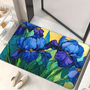 1pc Blue Iris Non-Slip Water Absorbent Machine Washable Polyester Rug| Indoor and Outdoor Bathroom, Bedroom, Living Room Entrance Decorative Bright Floral Pattern Carpet Microfiber Fabric Texture