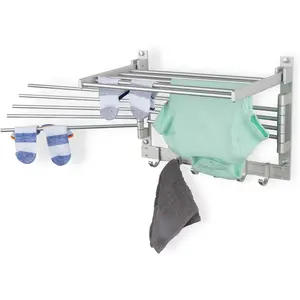 Wall Mounted Wash Clothes Drying Rack, Laundry Room Organizer with Hooks & Swing Arms, 17" Silver Metal Laundry Rack