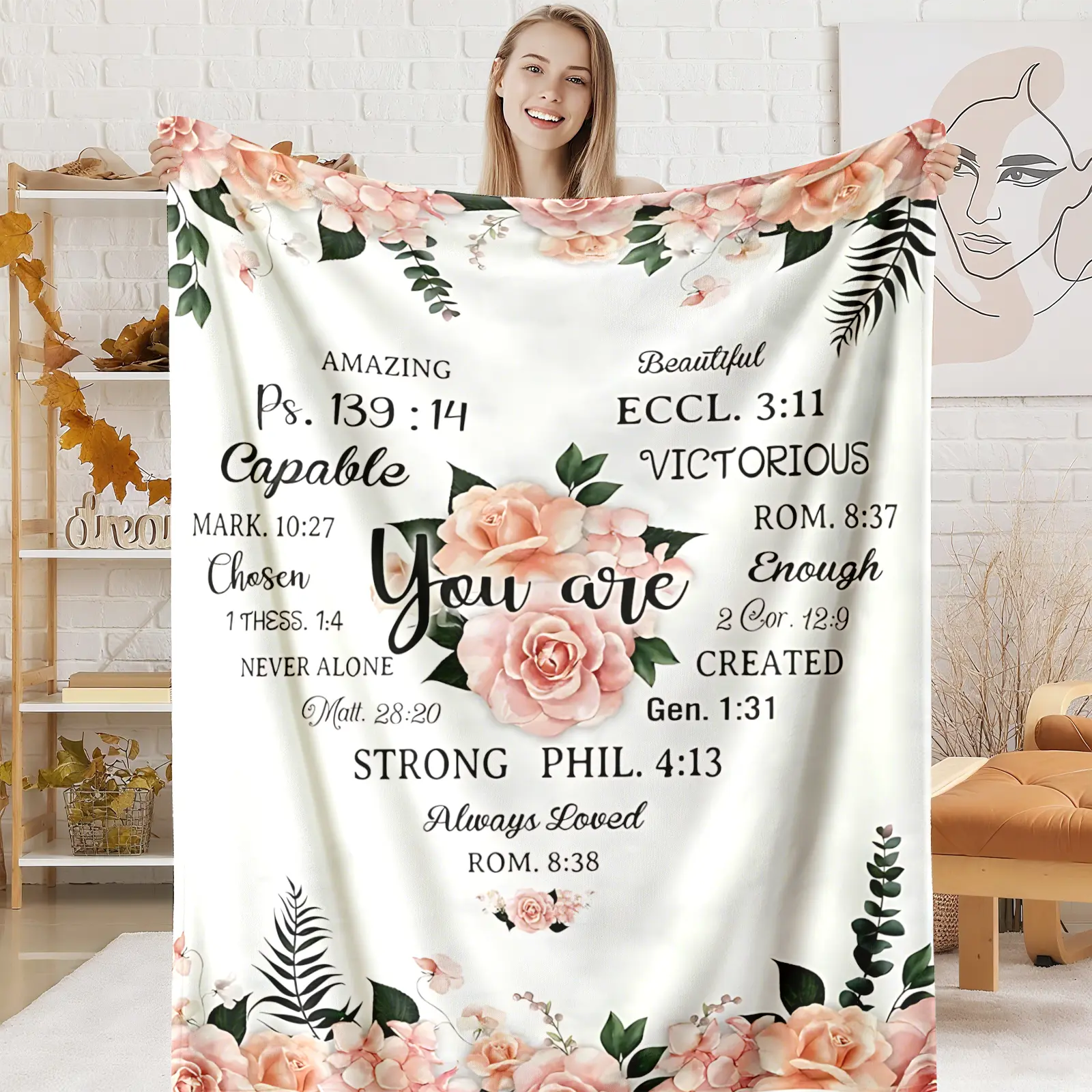 Christian Inspirational Throw Blanket - Bible Verse Pink Rose Floral Pattern, Breathable Double-Sided Modern Flannel, Soft Warm Cozy for Couch Bed, Gift for Female Believers (Birthday Christmas Holidays)