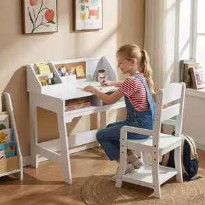Kids Study Desk Chair Set, Compact Study Table Set with Adjustable Chair, 2 Open Drawers, a Hutch, a Corkboard, 2 Pen Holders, Wooden Student School Table Chair Set Homework Table, White