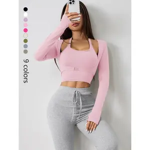 Women's solid color long sleeved thumb hole design collar 2-in-1 sports T-shirt gym yoga top, suitable for yoga gym exercise, all season women's sportswearRAIMENTRY