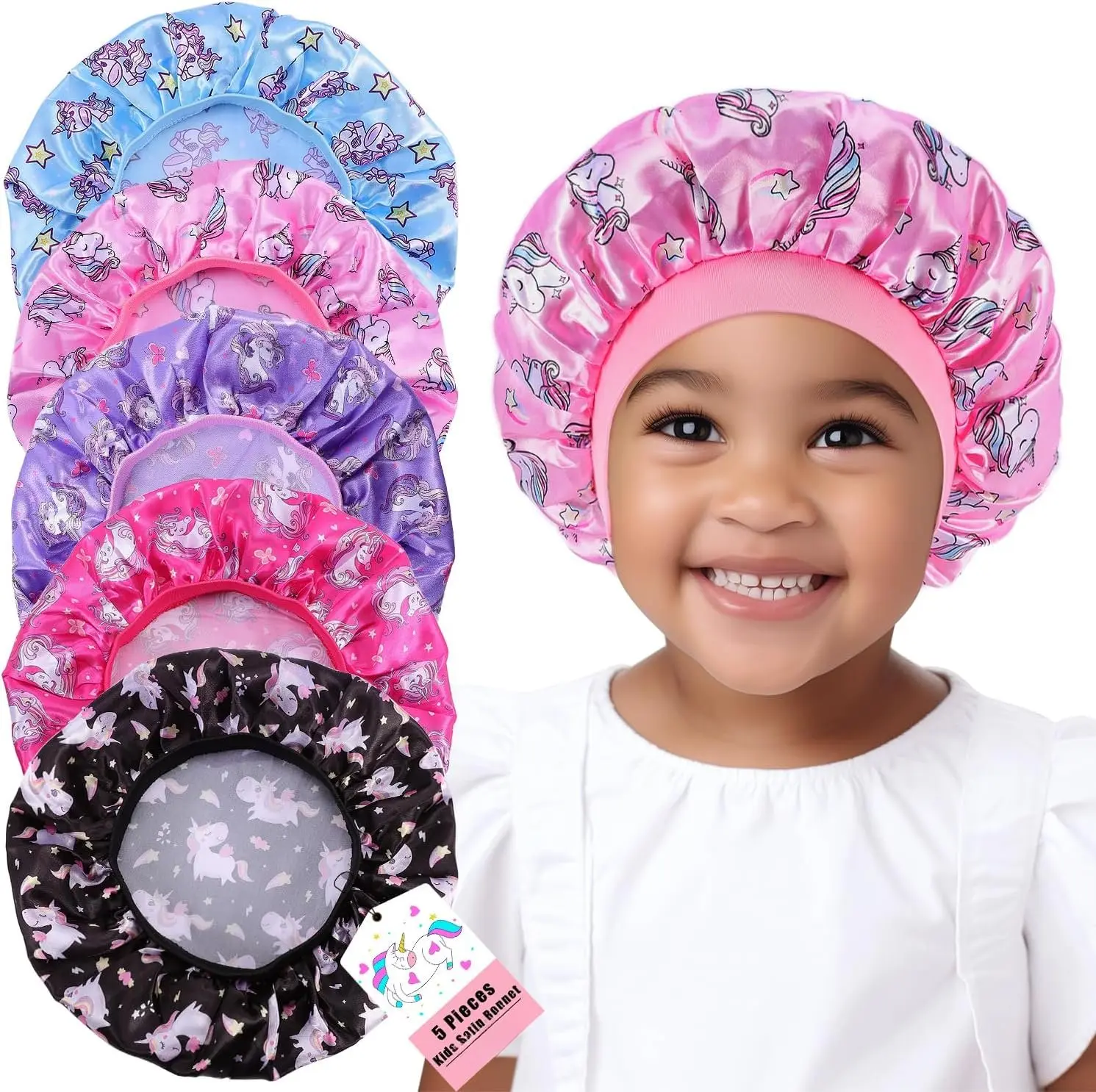 5 count  Satin Bonnet,Soft Silk Bonnet for Sleeping, Bonnets for Girls,Elastic Wide Band Sleeping Cap,Cute